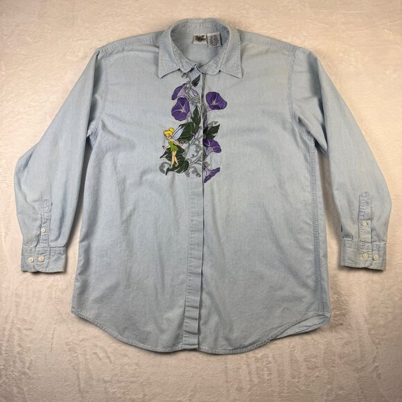 Vintage Disney Tinkerbell Denim Long Sleeve Button Down Womens L Embroidered - Picture 1 of 11